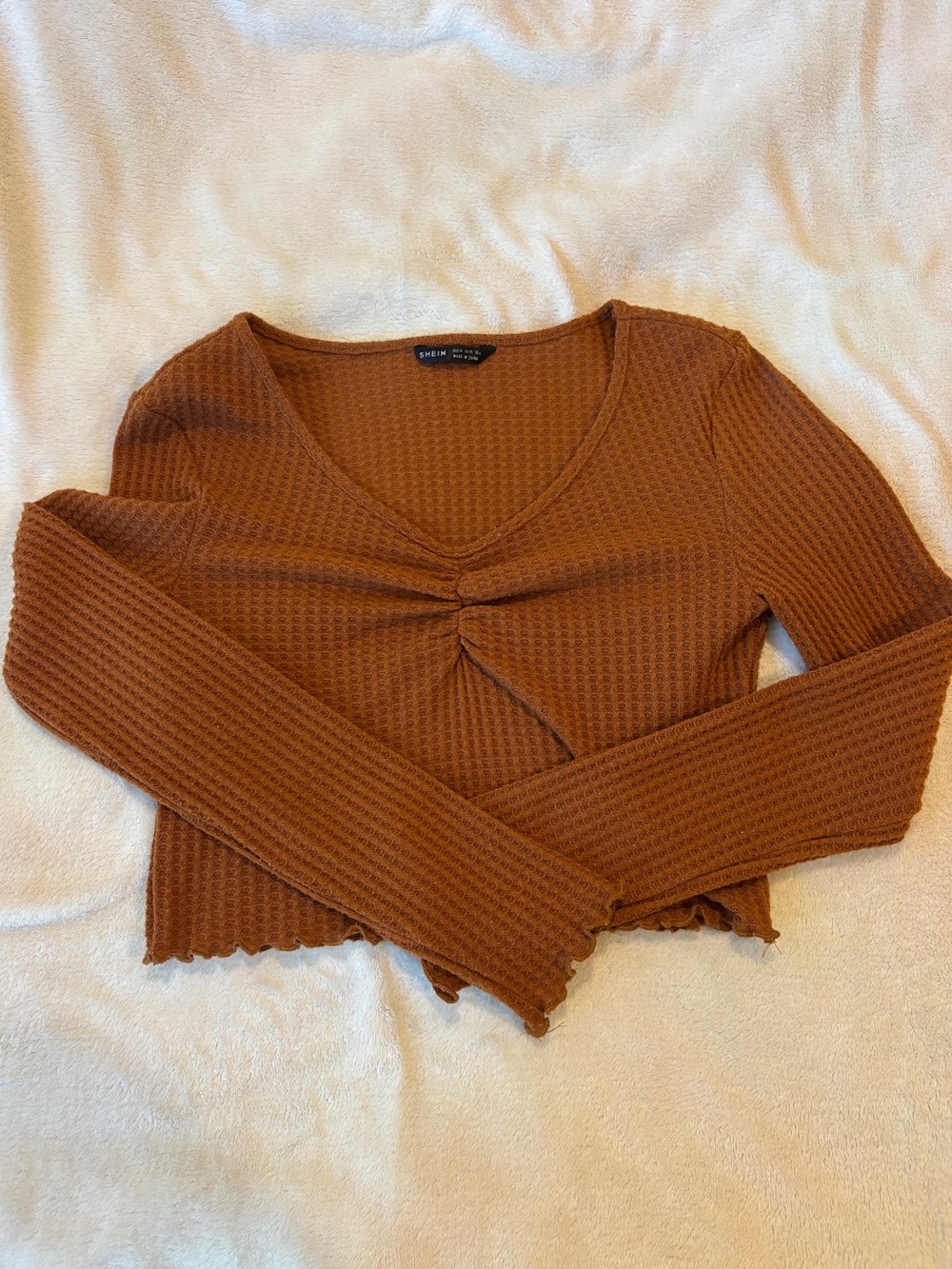 SHEIN Rust Brown Ruched-Front Waffle Knit Long Sleeve Cropped Top